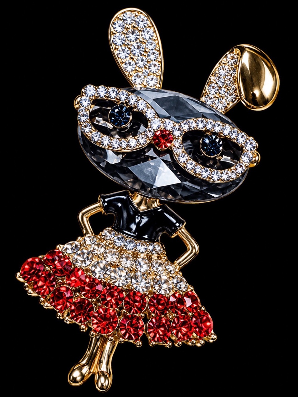 Crystal Cat Brooch Pin - Black, Red & Gold